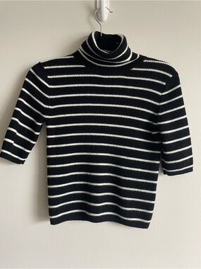 Madewell 100% Merino Wool Ribbed Turtle Neck Tee in black and cream stripes